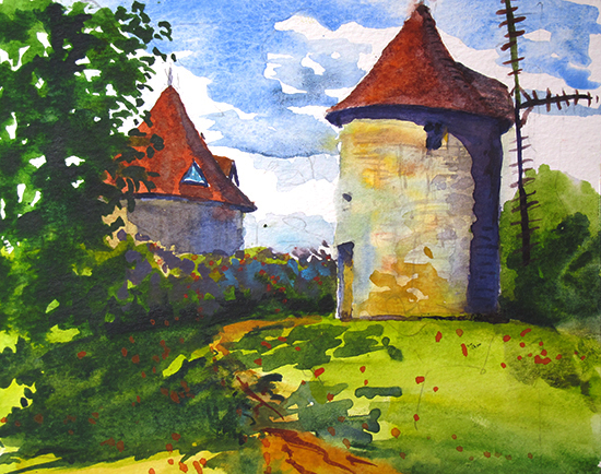 Watercolor painting of old windmill, Domme, France, by John Hulsey